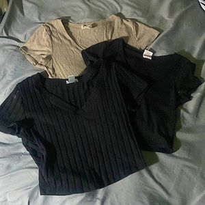 Tan & black shirt with thick stripes:medium brand:bozzolo black shirt: x-small.